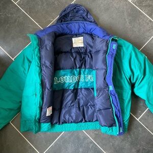 Vintage London Fog Color Block Down Puffer Jacket Teal Blue 90s Y2K Oversized